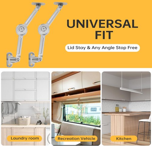 HBL' 2 Pack | Lid Support Hinges Heavy Duty Lid Stay Hinge – 110° Open Angle, Free Stop, Tension Adjustable, Supports Up to 50LBS for Upper Cabinets & RV Cabinets.