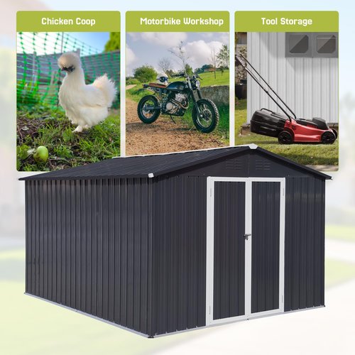 10' x 8' XL Outdoor Storage Shed, Sturdy Metal Building w/Lockable Doors for Garden, Backyard, Poolside and Lawn, Black