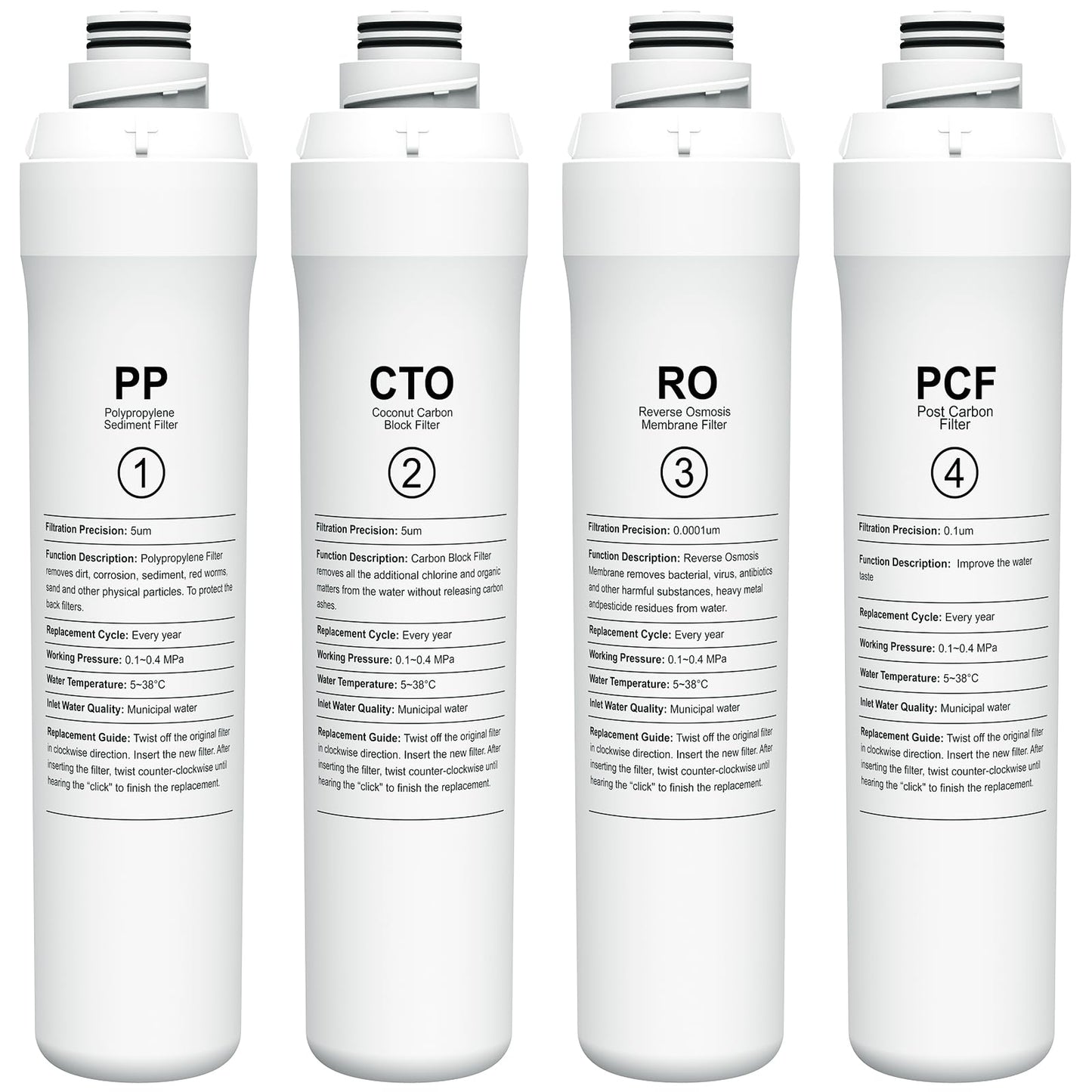 ROPOT 4-Pack Replacement Filter Set Compatible with Bluevua RO100ROPOT RO100ROPOT-UV RO System (1 PP, 1 CTO, 1 RO, 1 PCF)
