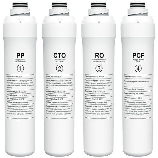 ROPOT 4-Pack Replacement Filter Set Compatible with Bluevua RO100ROPOT RO100ROPOT-UV RO System (1 PP, 1 CTO, 1 RO, 1 PCF)