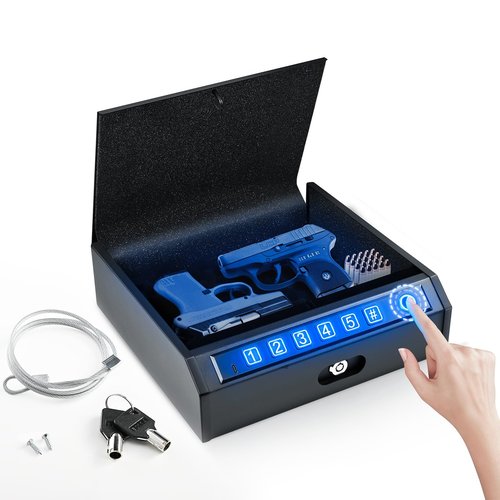 ADIMO Biometric Pistol Safe, Compact Fingerprint Gun Lock Box with Fast Access Keypad & Keys, Quiet Mode, Soft Foam Interior, Childproof and Secure for Home or Bedroom Use