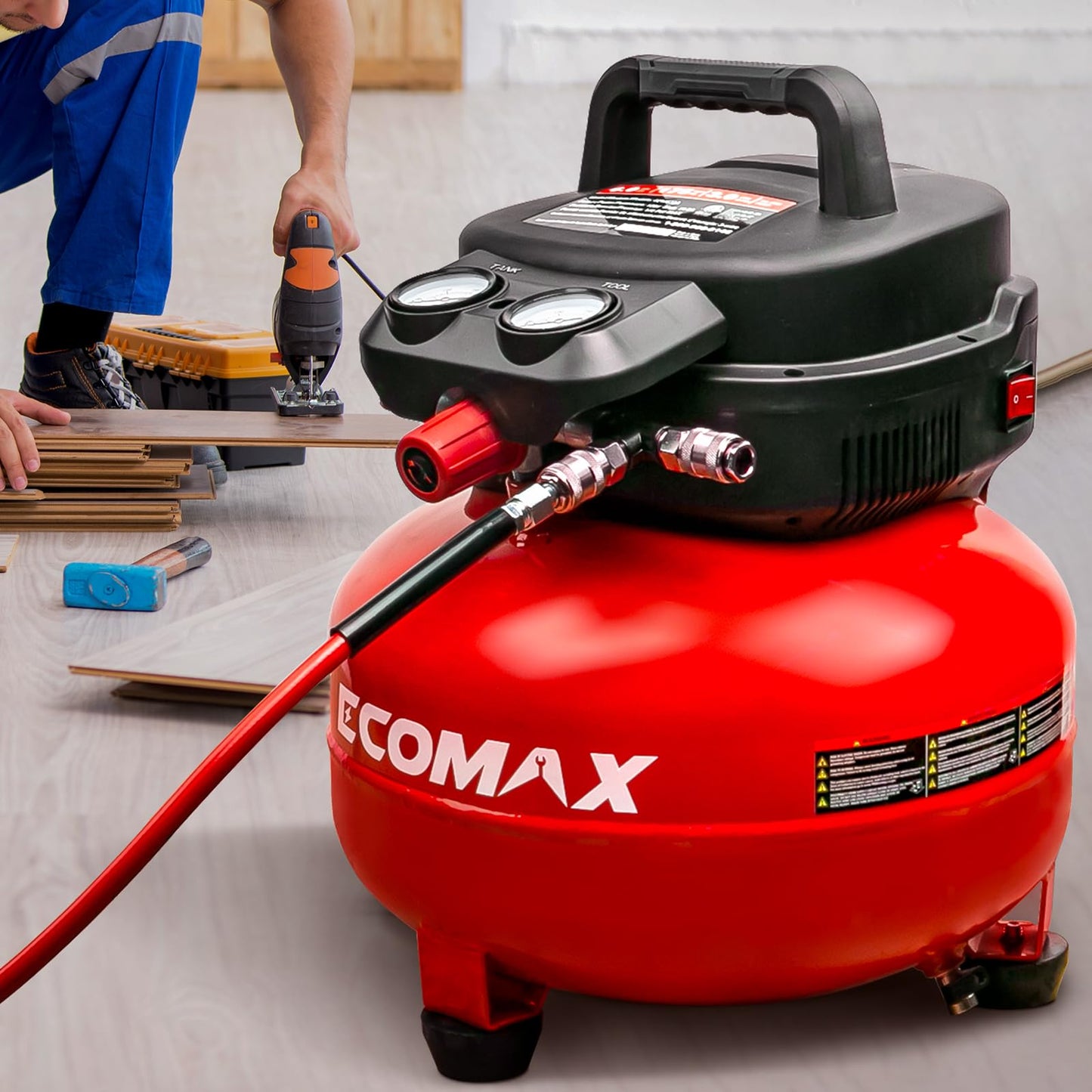 Air Compressor, 6 Gallon Pancake Air compressor, Max 150 PSI, 2.6 CFM @90 Psi, Oil Free Pancake Compressor for Home and Jobsite, Red Model: 0210673