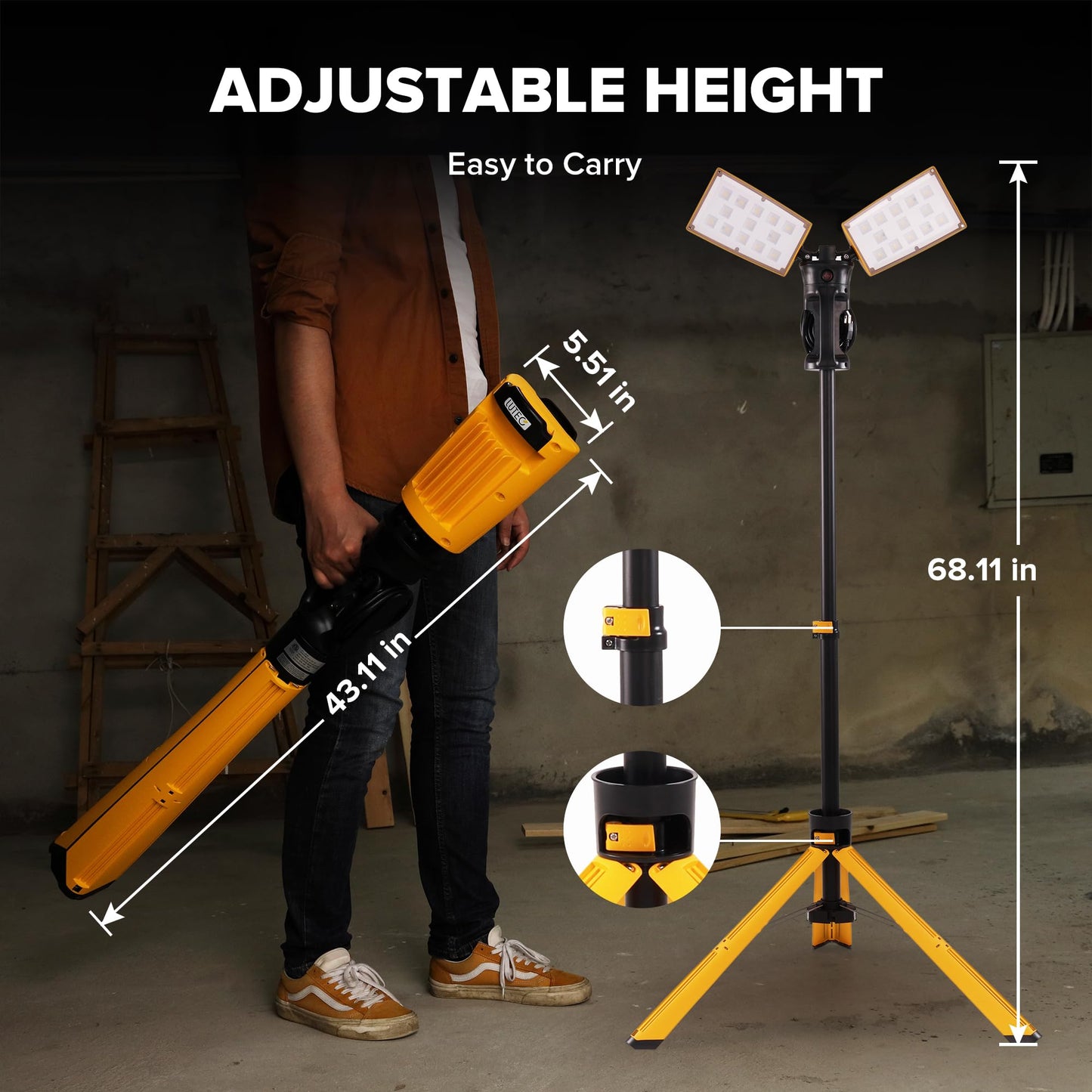 LUTEC 【Upgraded】 6290Pro 15000 Lumen 105 Watt Dual-Head LED Work Light with Telescoping Tripod, Work Light with Stand Rotating Waterproof Lamps and 8 Ft 3-Prong Power Cord