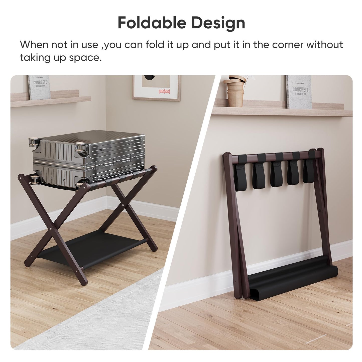 Smuxee Brown Bamboo Luggage Rack for Guest Room, Foldable Suitcase Stand with Storage Shelf, Easily Assembled Luggage Stand with 5 Nylon Straps for Guest Room Bedroom Hotel