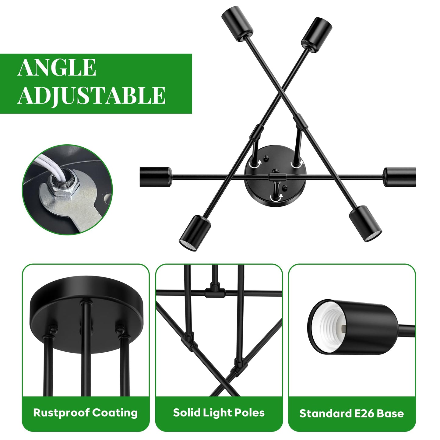 Phaosio Modern Sputnik Chandelier Ceiling Light Fixtures, 6-Lights 22” Mid Century Industrial Metal Semi Flush Mount for Dining Room, Bedroom, Living Room-Black