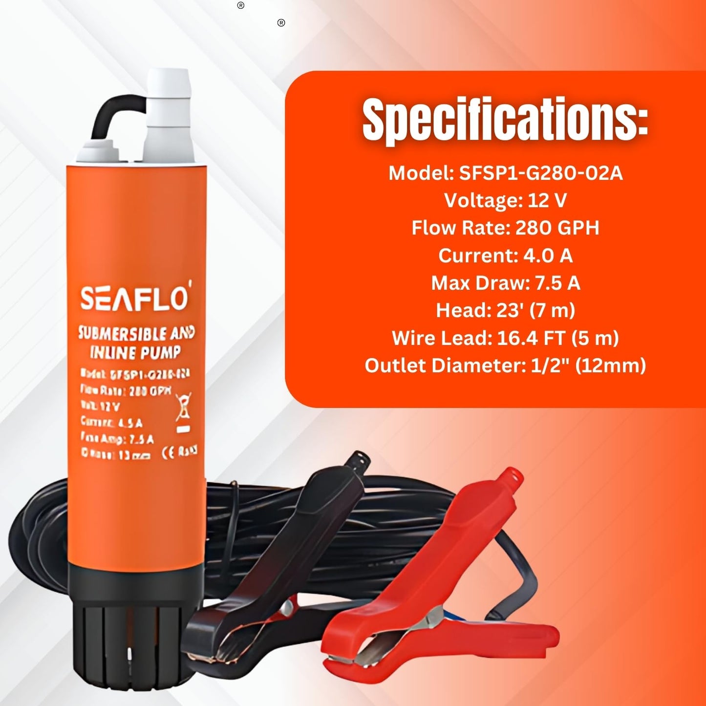 SEAFLO 12V Submersible/Inline Transfer Pump for Diesel/Freshwater/Saltwater - 280 Gallons Per Hour Flow Rate - 4 Year Warranty