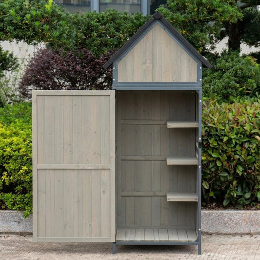 Outdoor Storage Shed with Floor, 68" Tall Wooden Garden Tool Cabinet, Metal-Framed Outdoor Tool Shed with Adjustable Shelves, Vertical Storage for Yard and Patio