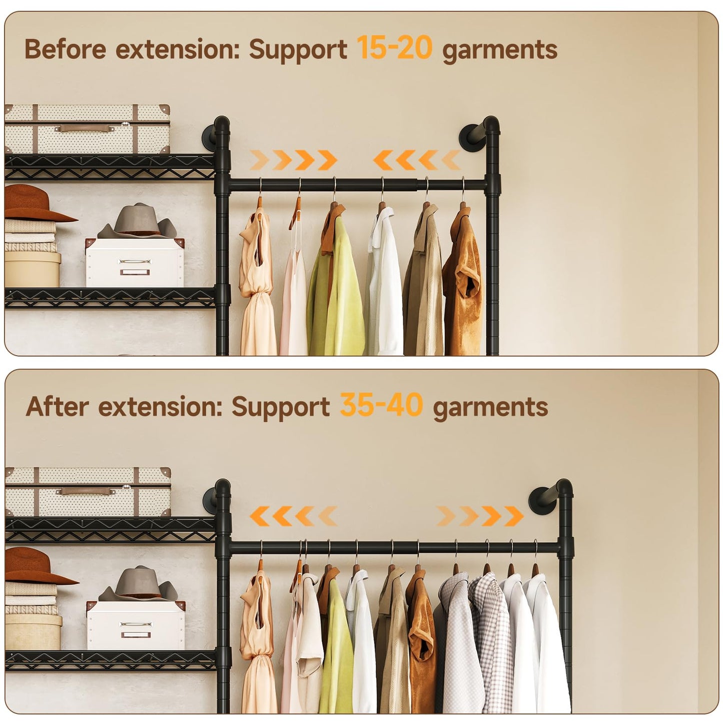 ONBRILL H3 Expandable Wall Mounted Closet System, 5.4FT-8.1FT Closet Organizer with 4 Telescopic Rods & 6 Wire Shelves, Industrial Pipe Clothing Rack for Walk-in & Reach-in Closet (Black)
