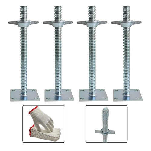 14" Scaffold Adjustable Leveling Galvanized Jack Solid Screw Jacks with Base Plate for Baker-Style Scaffolding, Silver 4 Pack