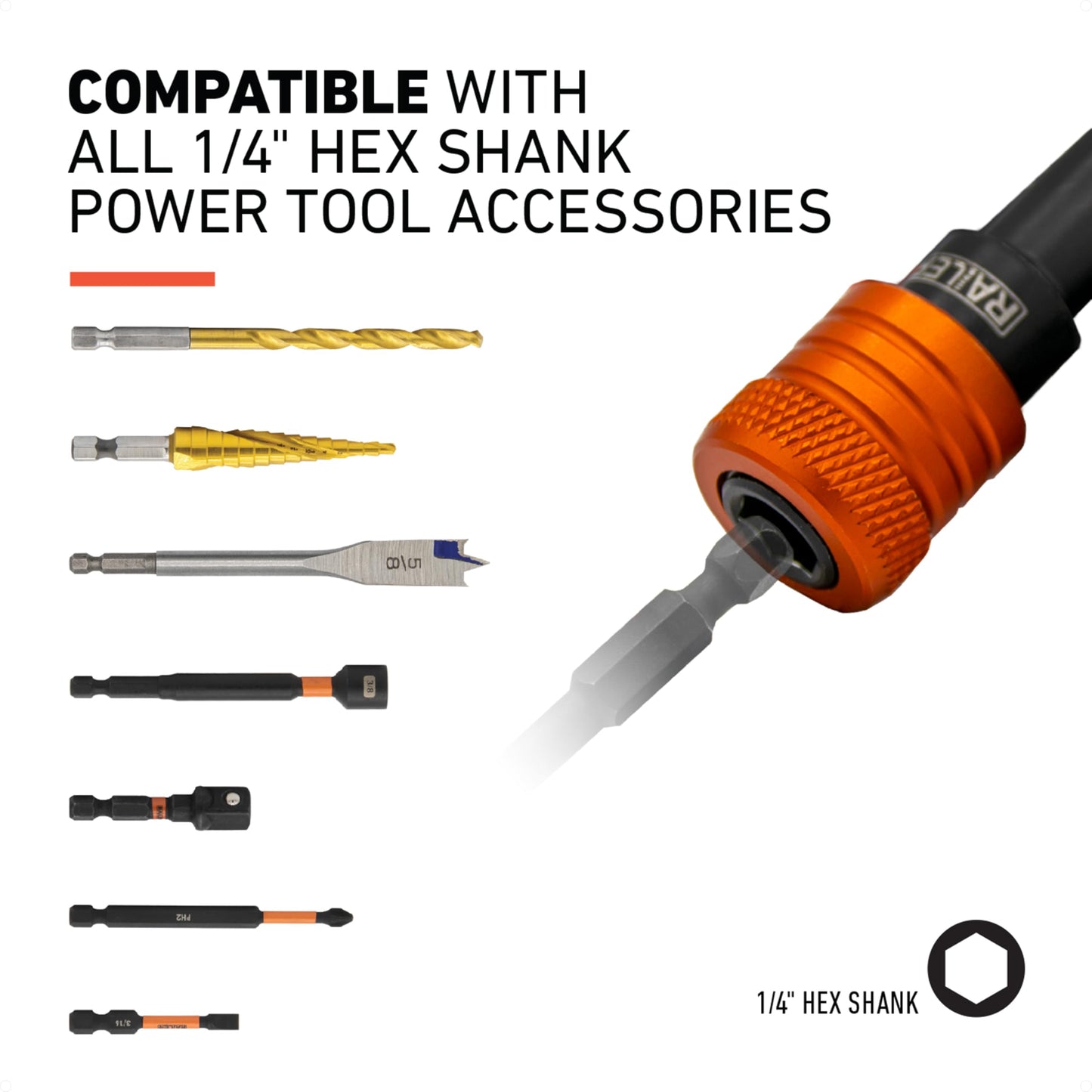 Railer Bit Holder Keychain 5pc - 1/4 inch Hex Shank Bit Holders - Quick Release Bit Holder For Nut Driver, Screwdriver & Drill Bits w/Key Chain Carabiner