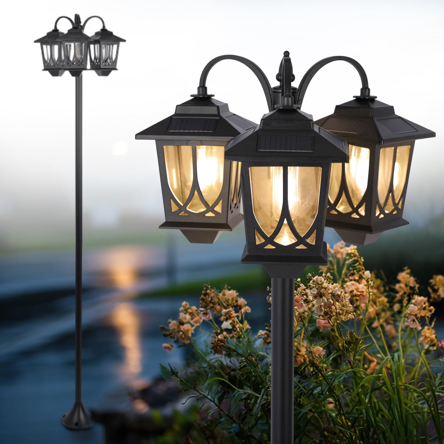 SAKSIAPRO 3-Head Solar Lamp Post Light, 73" Solar Lights Outdoor Waterproof, 60Lm 3000K Pathway Lights for Garden, Lawn, Yard