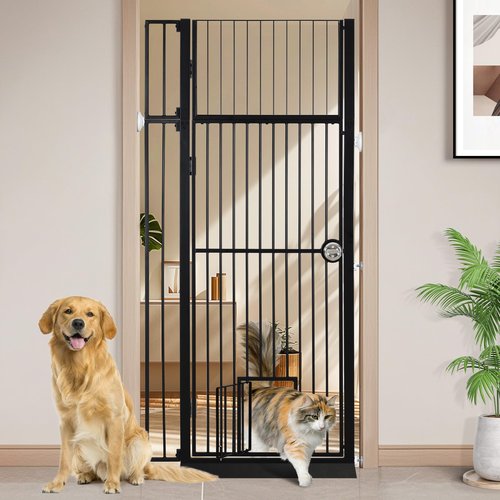 71" Extra Tall Pet Gate with Cat Door, 30"-39.69" Adjustable Wide, No Drill Pressure Mounted Auto-Close Safety Pet Gate Walk Through Safety Cat Gate