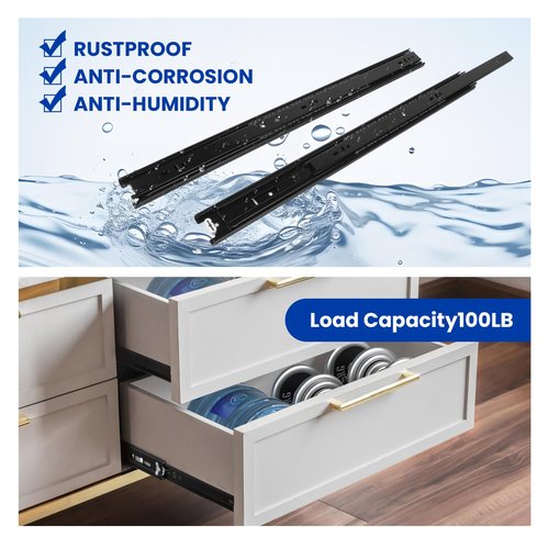 LONTAN 12 Inch Full Extension Ball Bearing Drawer Slides 1 Pair Side Mount Cabinet Rails Tool Box Trash Can Glides Black Heavy Duty Kitchen Drawer Runners 100LB Capacity