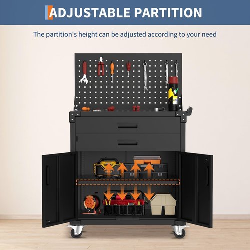 EcoSummer Heavy Duty Steel Rolling Tool Cabinet with Wheels, 2 Drawer, Pegboard, Adjustable Shelves 2 Doors, 35” Mobile Storage for Garage, Workshop, Warehouse Organization