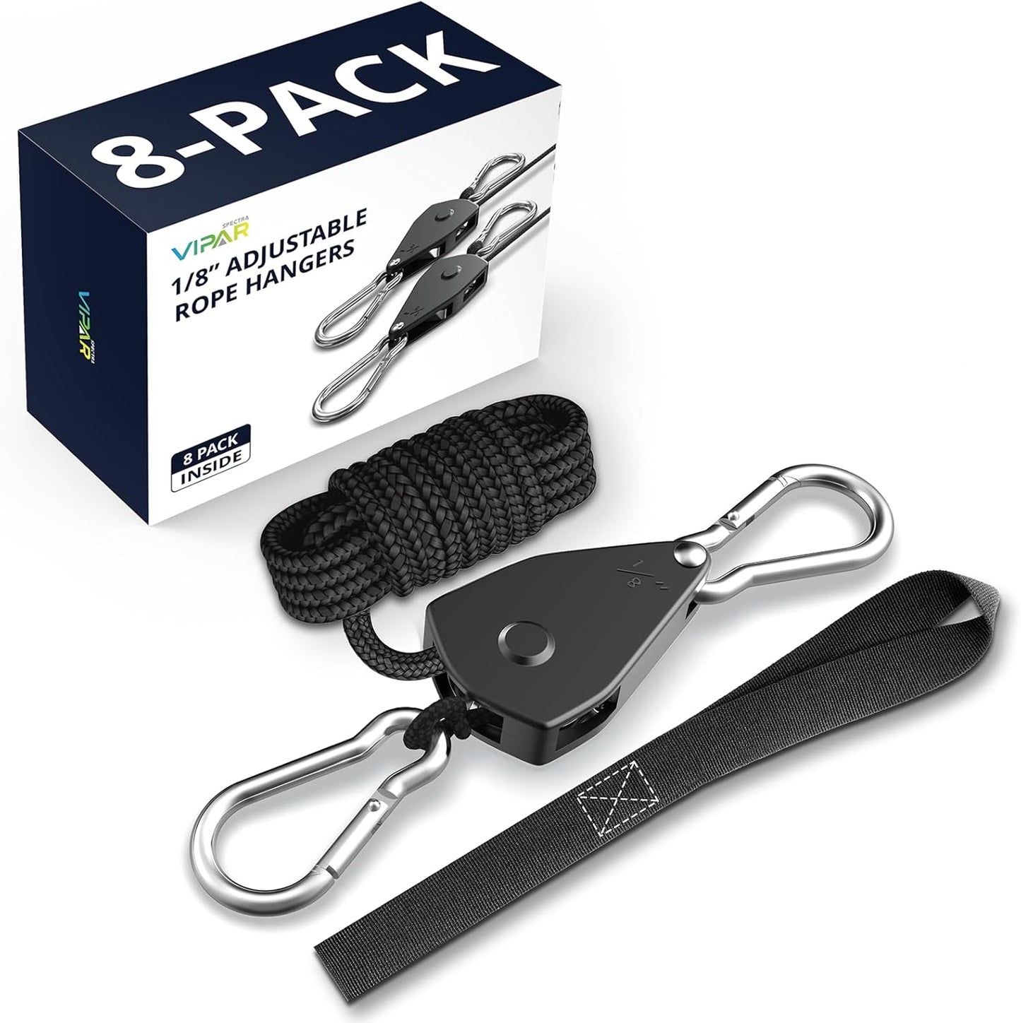 VIPARSPECTRA Retractable Heavy Duty Ratchet Tie Down Straps [4 Pack, 8ft, 75lbs/Pack], Rope Pulley System Rollers with Carabiner Hook for Kayak/Hanging Plants/Grow Light/Tents Various Tie-Down Uses