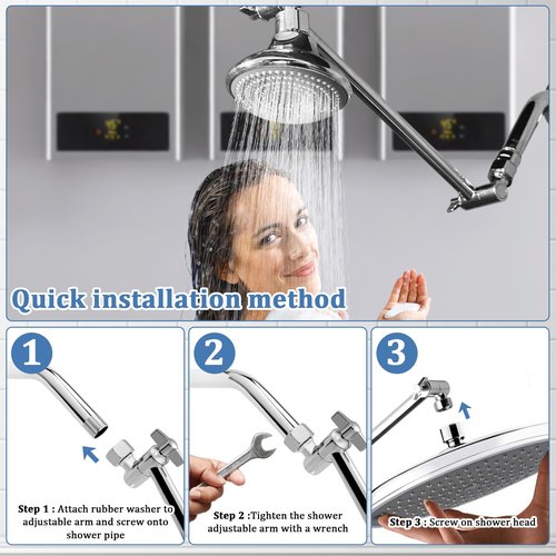 Rain Shower Head Extension 12 Inch Adjustable Rain Shower Head Extension Arm Stainless Steel Shower Head Holder G1/2 Universal Connector Compatible (Chrome Finish)
