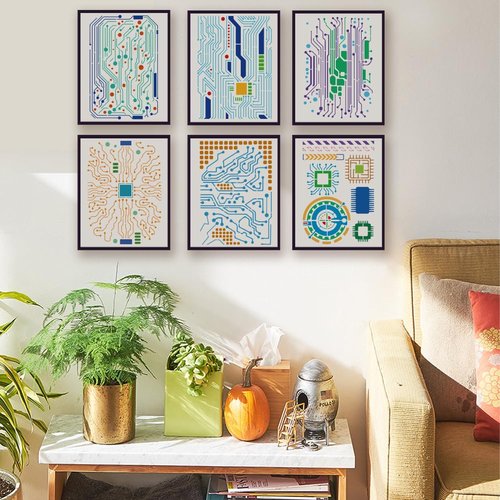 FINGERINSPIRE 6 PCS Circuit Board Stencils with Paint Brush 8.3x11.7inch Circuit Diagram Templates Reusable Mixed Media Electronic Sketch Stencils for Painting on Wood Wall Canvas Furniture