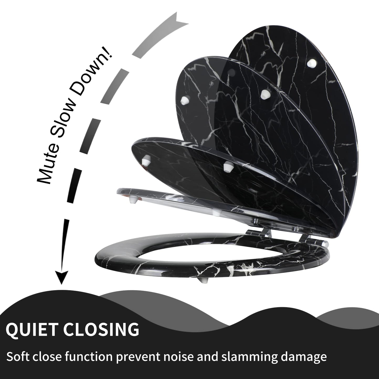 Angel Shield Marble Toilet Seat Durable Molded Wood with Quiet Close,Easy Clean，Quick-Release Hinges (Elongated,Black Marble)