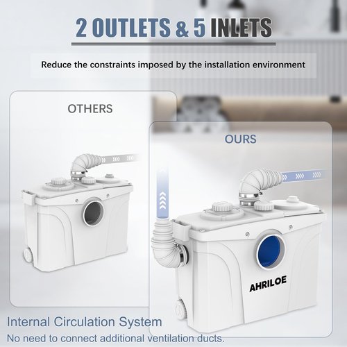 900W Macerator Pump, Macerating Toilet System with 2 Outlets/5 Inlets, Sewage Pump for Basement, Sink, Toilet, Laundry, Kitchen