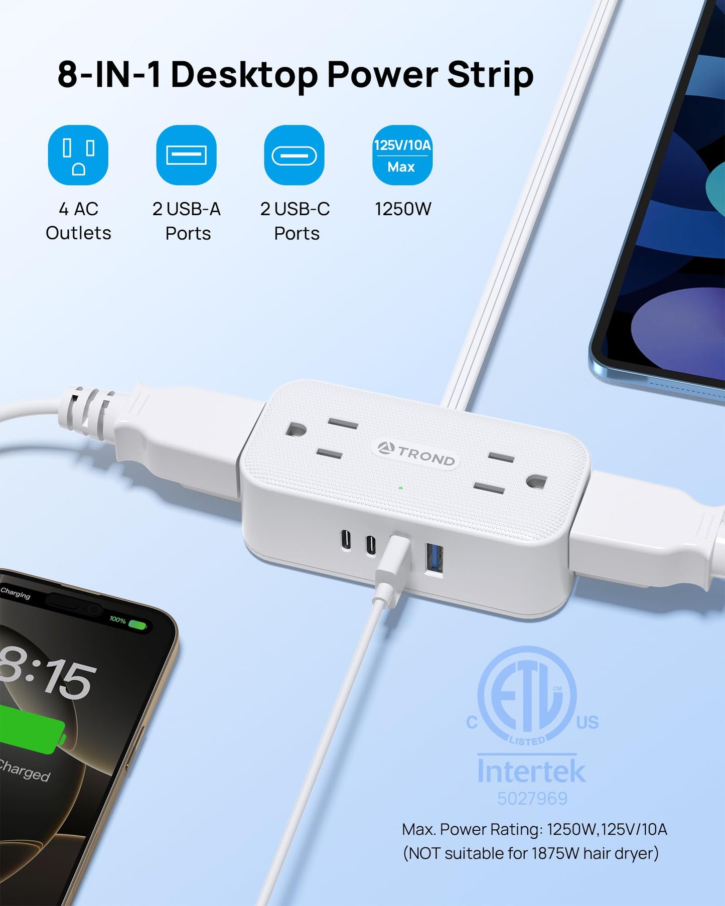 TROND 360° Rotating Flat Plug Power Strip, 5FT Extension Cord with 4 USB Ports, 4 Wide Spaced AC Outlets, Wall Mount, 900J Surge Protector for Office Travel Dorm Room Essentials, White