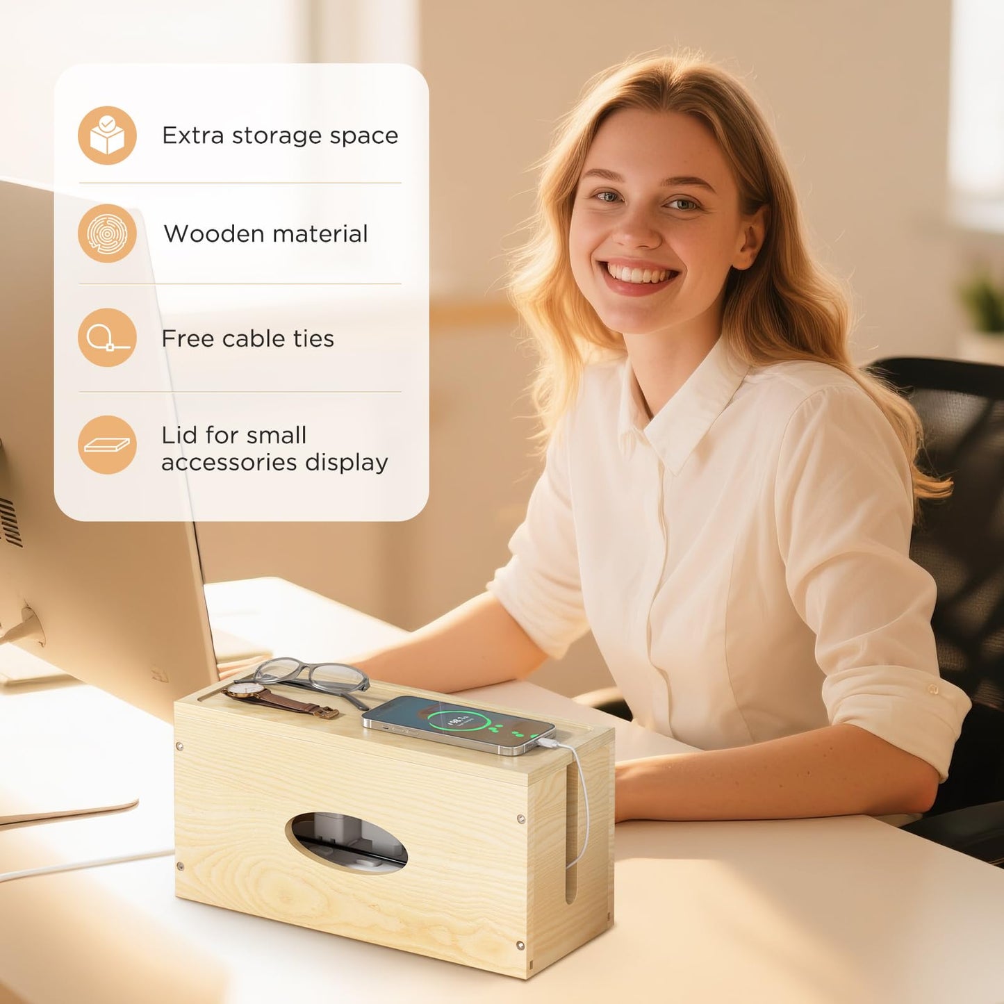 Pine Wooden Large Cable Management Box, Cord Organizer Cover Cord Hider Floor Outlet Hiders for TV Wires, Computer, Router, USB Hub Under Desk Power Strip Electrical Cord Management (1)