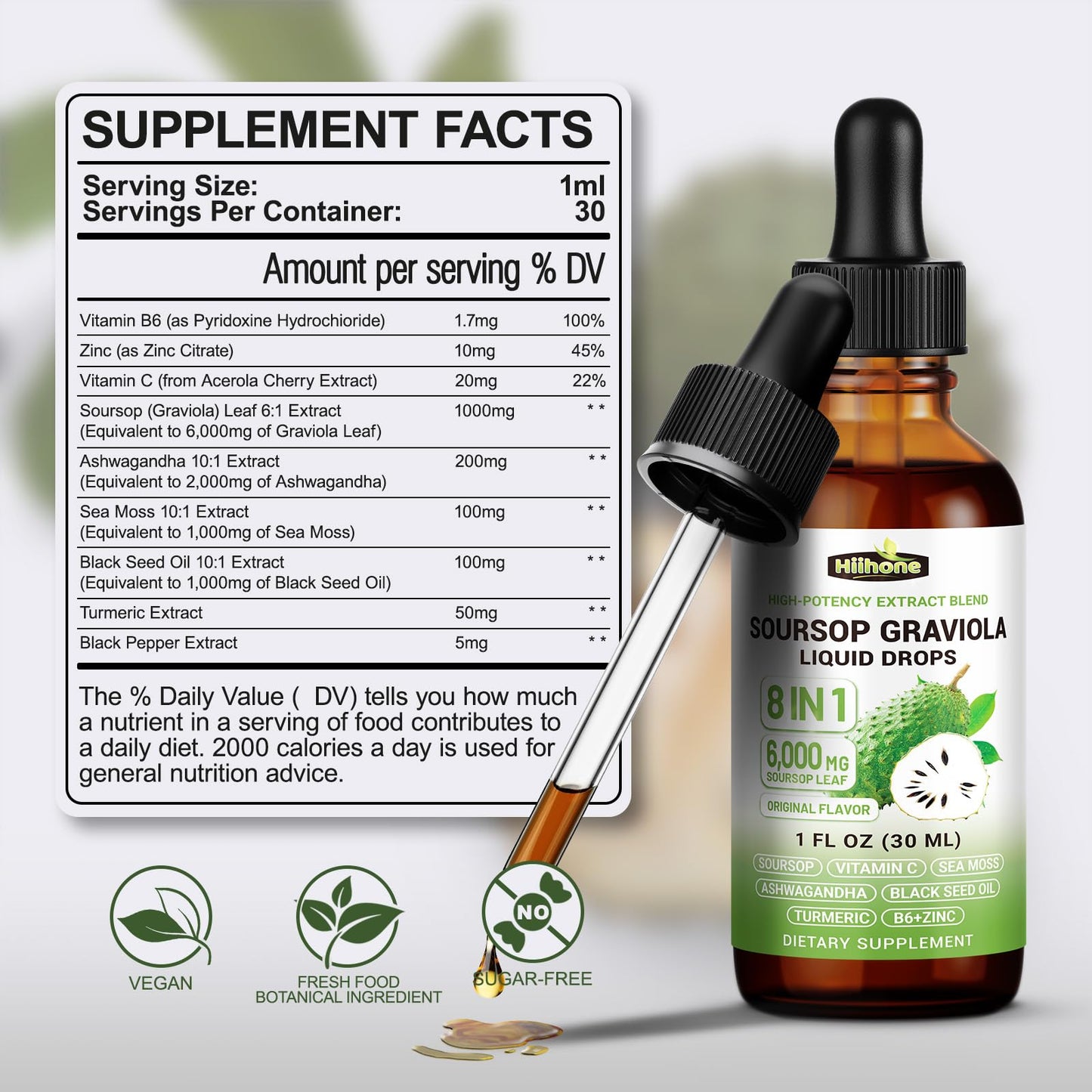 (2 Pack) 8 in 1 Graviola Soursop Leaf Extract Liquid - Soursop Bitters Liquid with Sea Moss, Ashwagandha and Tumeric, for Immune & Liver, Zzz & Antioxidant & Cell Support,1 Fl Oz