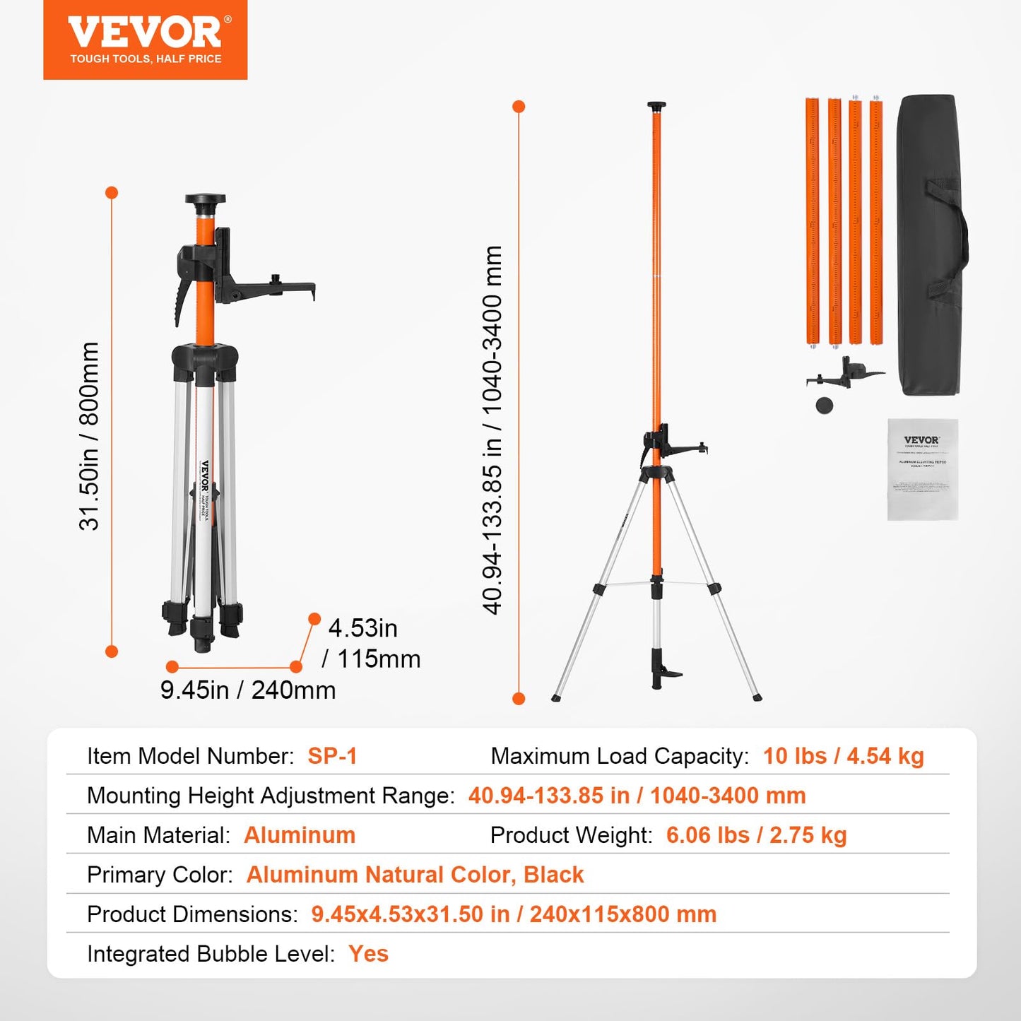 VEVOR Laser Level Tripod, 1/4"-20 & 5/8"-11 Thread Mount, 40.94-133.85 inch Height Adjustment with Level Bubble & Heavy-duty Stand, Extendable Pole Lightweight Aluminum Tripod for Laser Scanner