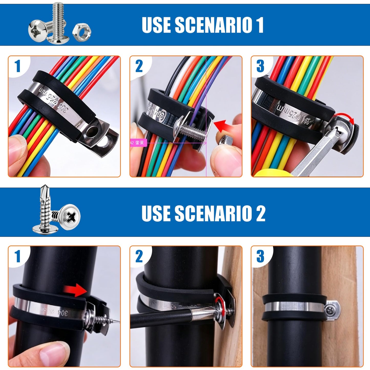 Taiss 50PCS 3/8 Inch Cable Clamps 304 Stainless Steel Rubber Cushion Insulated Wire Clamps,Pipe Clamps,Loop Clamps,Hose Clamp,Metal Rubber Clips With Two Kinds Of Screws(10mm) F-098-10mm