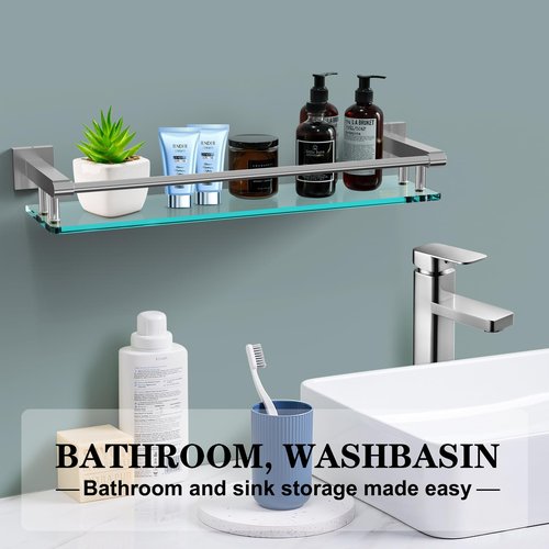 SFGSOWOR 20IN Glass Shelf for Bathroom Nickel Rectangular Stainless Steel Tempered Glass Modern Wall Mount Shelf Sink Over Toilet Bathroom Shelves (Brushed Nickel, 20‘’)