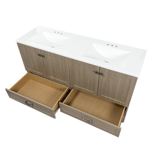 Spring Mill Cabinets Emlyn 60 Inch Double-Sink Bathroom Vanity with White Top, 2 Cabinets, 2 Drawers, 60.5" W x 18.75" D x 32.89", Sandy Oak