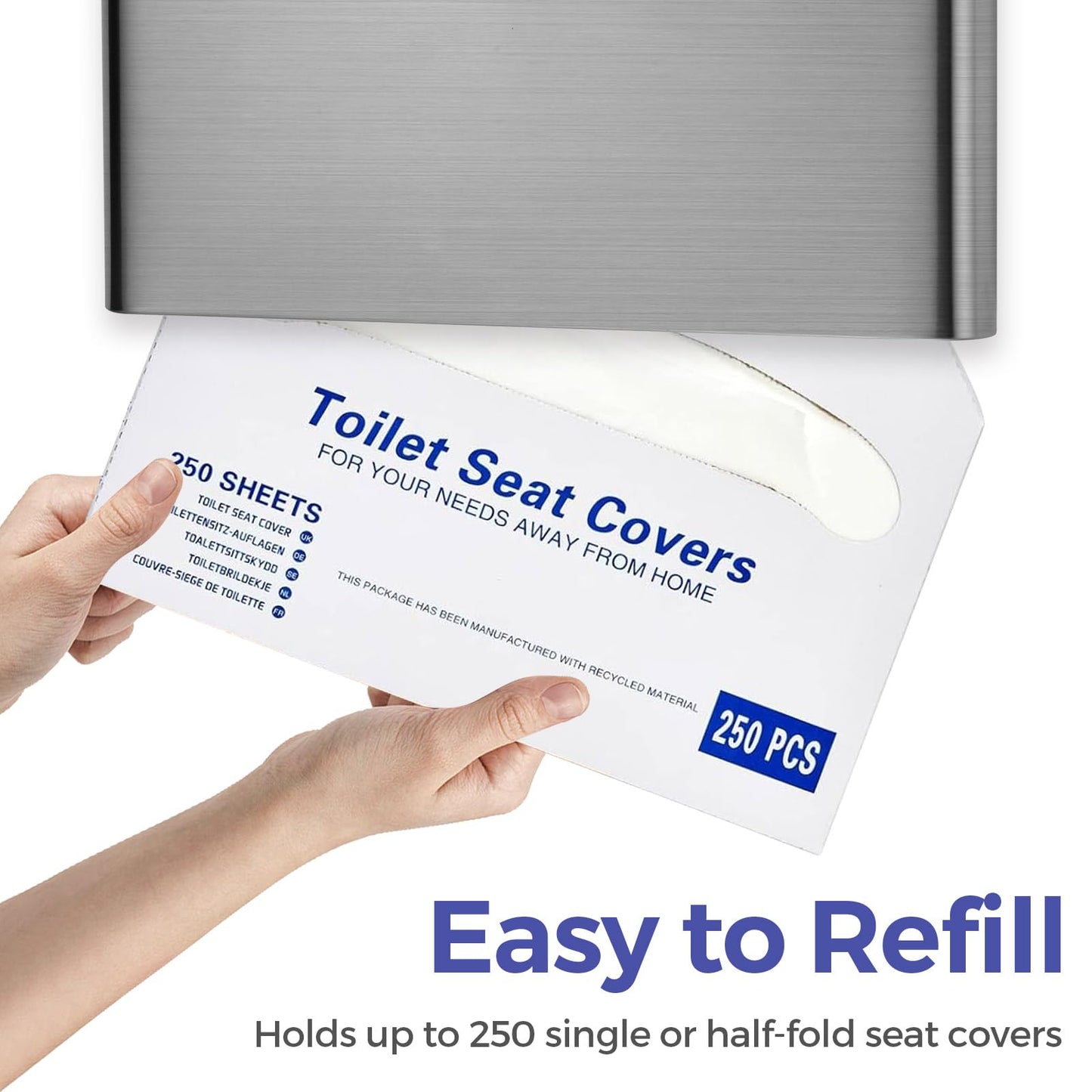 Stardrix Slim Brushed Stainless Steel Toilet Seat Cover Dispenser – Designer Wall-Mount Holder with Curved Edges and Large Capacity for Single or 1/2 Fold Covers, Aesthetic and Modern Look