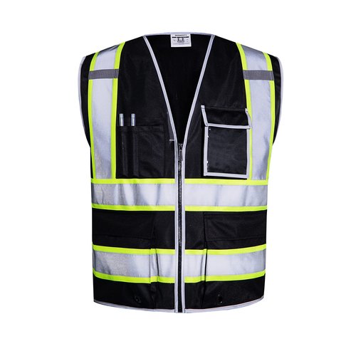 SKSAFETY 10 Pockets Safety Vest, Class 2 High Visibility Security with Zipper, Hi Vis Vest with Reflective Strips, ANSI/ISEA Standard, Construction Work Vest for Men ＆ Women （Black, M）