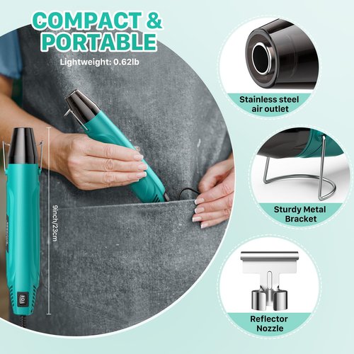 SEEKONE 350W Mini Heat Gun, Dual-Temp Model 500℉ & 842℉（260℃ & 450℃）Fast Heat Hot Air Gun with Overheat Protection and Reflector Nozzle for Heat Shrinking Tubes, Shaping, PVC Tubing（4.9FT）