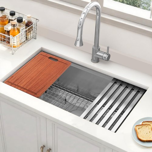 MONSINTA Undermount Kitchen Sink, 33" x 18" x 10" Single Bowl Workstation Sink, 33 Inch Large and Deep Stainless Steel Handmade Kitchen Sinks with Accessories, 10 Inch Depth