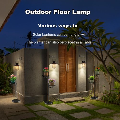 Kirschblüte 60" Solar Floor Lamp with Detachable Hanging Lantern & Small Side Table - Cordless, Waterproof Outdoor Lighting for Deck, Patio, Garden, Porch - Weatherproof Iron Floor Light