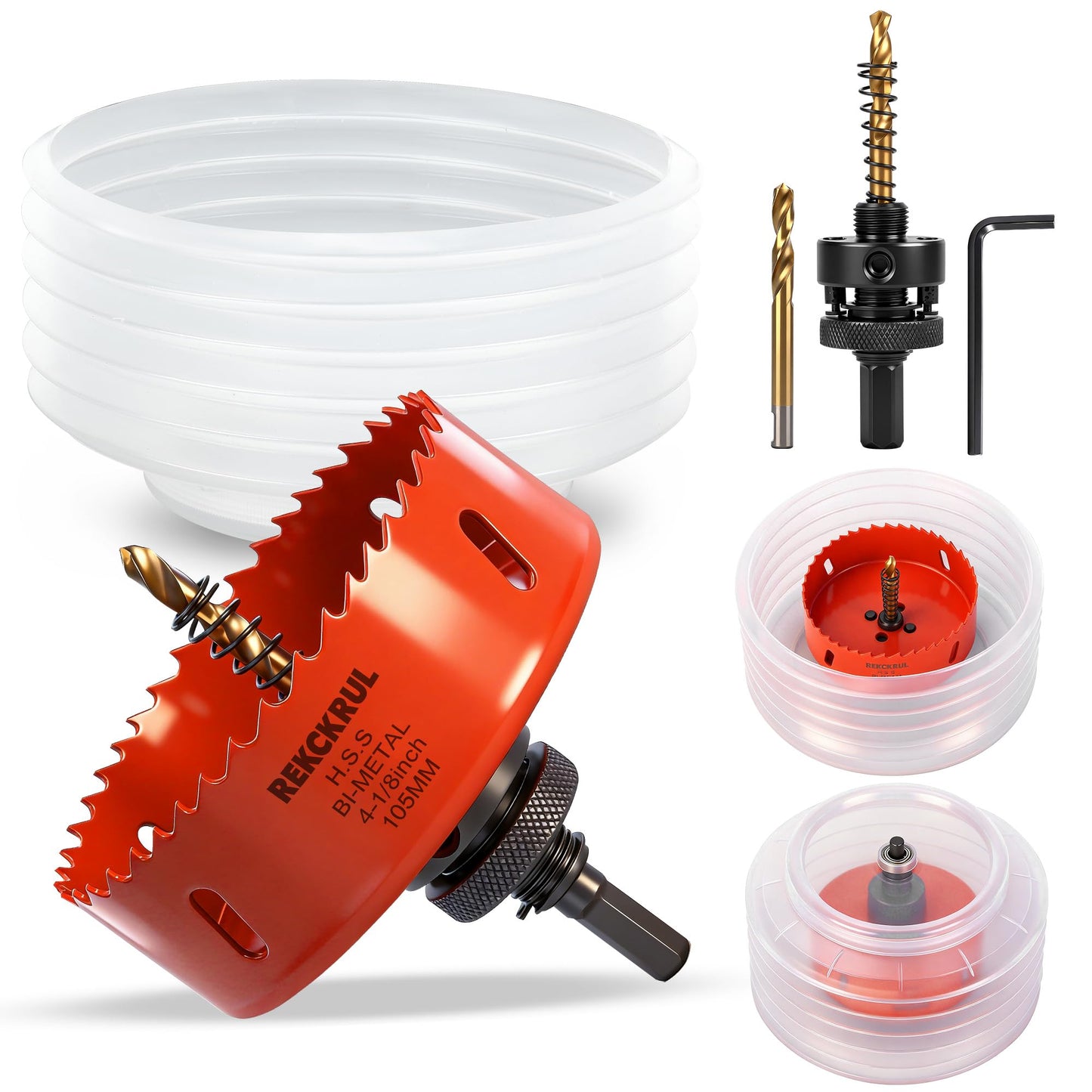 REKCKRUL (105mm | 4-1/8 Inch) HSS M42 with 8% Cobalt Bi-Metal Hole Saw – for Wood, Metal, Plastic, Drywall, PVC, Gypsum Board, Rubber – Includes Dust Bowl Catcher, Arbor, 2 Pilot Drill Bits & Hex Key