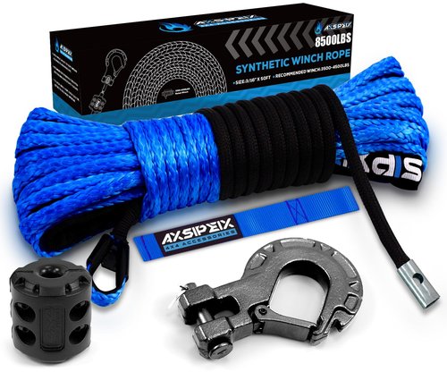 Synthetic Winch Rope Kit, 3/16" x 50ft 8500LBS Blue Winch Cable with Protective Sleeve, Forged Winch Hook, Rubber Stopper and Safety Pull Strap for ATV UTV