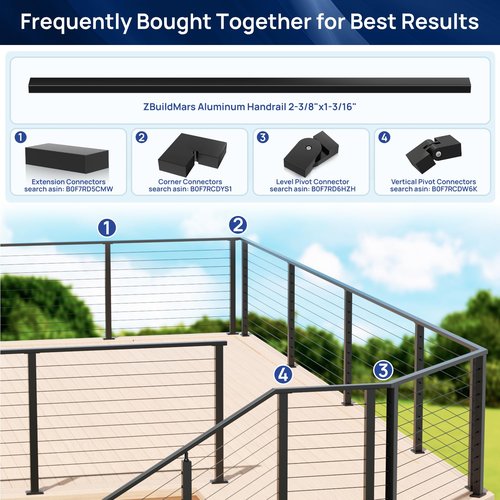 2 Pack 7FTx 2-3/8"x1-3/16 Aluminum Black Handrail with Nylon End Caps Self Drilling Screws, Rectangular Handrail Cuttable Flat Top Rail for Deck Stair Railing Indoor Outdoor Cable Railing System