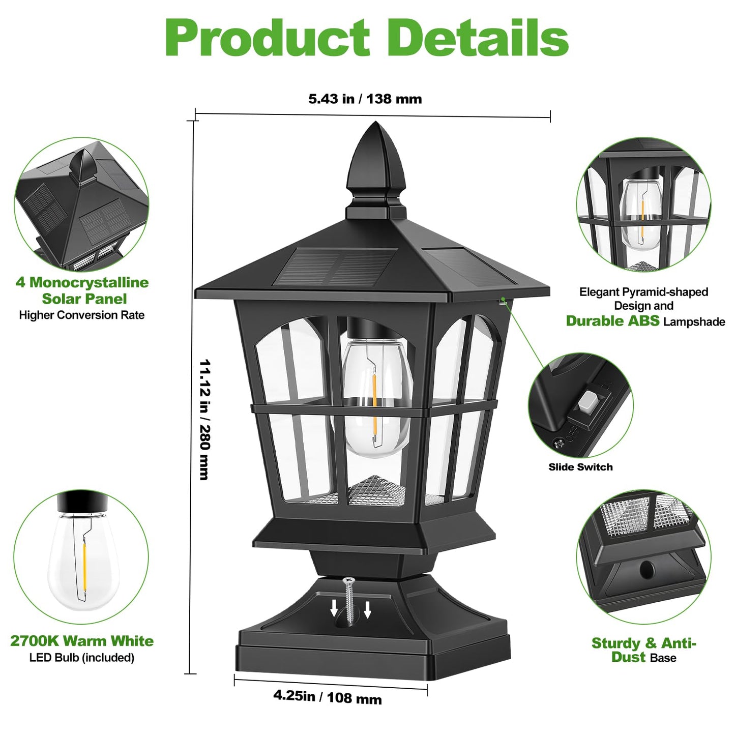 Brightever Thomas Edison Solar Post Lights Outdoor 2-Pack, Waterproof Solar Fence Post Lights (Warm White), Solar Powered Post Cap Lights for 4x4 5x5 6x6 Posts, Ideal for Deck Patio Garden Yard, Black