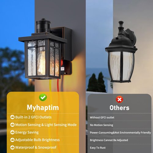 Myhaptim Porch Lights with GFCI Outlet,Dusk to Dawn Motion Sensor Outdoor Lights,3 Lighting Modes Black Front Door Light,Waterproof Exterior Light Fixture,Outside Wall Lamp for House Patio Garage