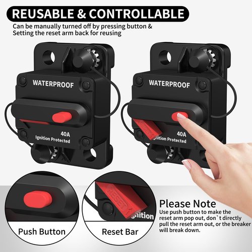 DaierTek 40 Amp Marine Circuit Breaker 12V DC Waterproof Manual Reset 40A Inline Breaker Switch for Car Truck Rv Boat -2Pack