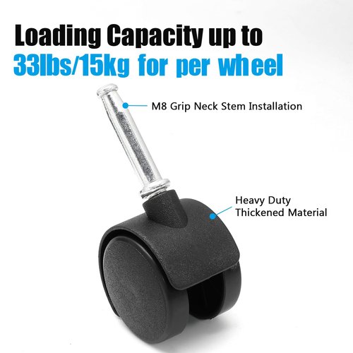 suiwotin 4pcs 1.5 Inch Swivel Caster Wheels, M8 Grip Neck Stem Caster Wheels, Heavy Duty Casters, Black Nylon Wheel Replacement for Furniture, Table, Cabinet, Shelf
