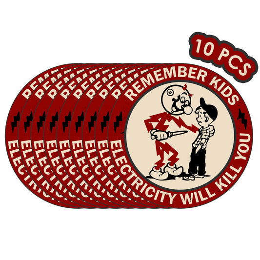 Ocqotat Remember Kids Electricity Will Kill You Sticker - 10 Pack Electricity Will Kill You Hard Hat Stickers for Men Lineman, Electrician Warning Sticker for Tool Box, Car, Helmet, Electric Meter Box