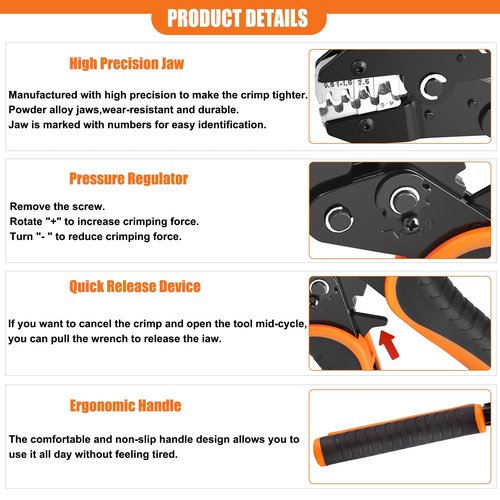 KF CPTEC Ratcheting Crimping Tool for Open Barrel Non-Insulated Terminals, Compatible with Deutsch, Molex, TE, AMP, JST Connectors – Wire Crimper for AWG 10-22 (0.5–6.0mm²), Adjustable Crimping Force