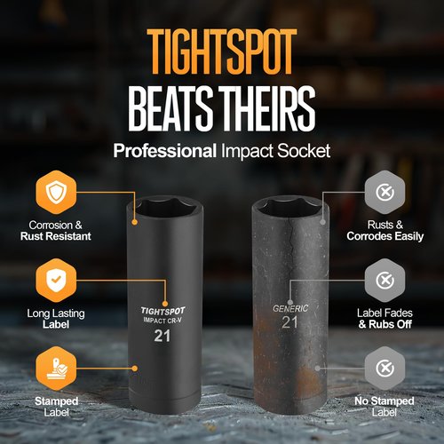 TIGHTSPOT 1/2 Inch Drive 21 mm Deep Impact Socket with Anti-Rounding 6 Point Design, Heat-Treated CRV Steel