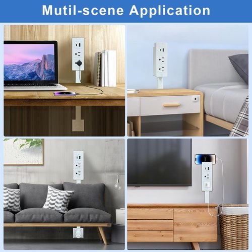 Electrical Outlet Extender with Extendable Stick, Access Hard-to-Reach Outlets! Features USB-A, USB-C, and 2 AC Outlets, 180° Rotating Power Socket Extender - Use Behind Couches, Nightstands, Desks