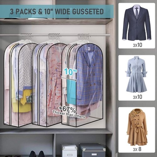 MISSLO 10" Gusseted All Clear Garment Bags for Hanging Clothes 40" Suit Bags for Closet Storage Hanging Clothes Storage Suit Cover for Shirts, Coats, Dresses, 3 Packs