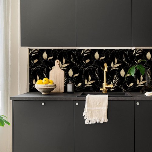 Akodm Black and Champagne Gold Leaf Wallpaper Peel and Stick Modern Botanical Contact Paper for Cabinets Drawers Bathroom Removable Self Adhesive Thick Vinyl Waterproof Luxury Wallpaper 17.7"x70.8"