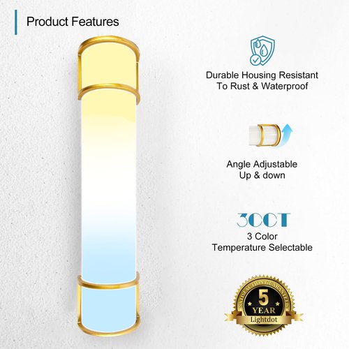 Lightdot 25 Inch Gold Vanity Light - 20W LED Mirror Bar w/ 3CCT Toggle Switch (3000K/4000K/5000K), 100-277V, Wall Mount Bathroom Light