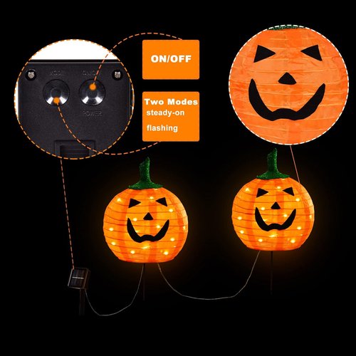 DAYLIGHTIR Solar Halloween Pumpkin LED Lights, Set of 2 Big Pumpkin Stake Lights 2 Modes for Outdoor Halloween Pathway Yard Garden Decoration (Warm White-Pumpkin, 2 Pack)